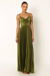 ladiesstreet Naira Pleated Maxi Dress - Palm Green thin adjustable straps soft feel partially lined 100% polyester Masquerade costumes