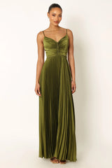 ladiesstreet Naira Pleated Maxi Dress - Palm Green thin adjustable straps soft feel partially lined 100% polyester Masquerade costumes
