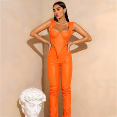 Luxury Orange Corset-Style Cutout Wide-Leg Jumpsuit