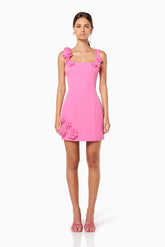 Pink 3D floral square-neck mini dress
