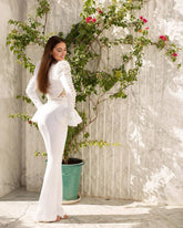 Lace-Trimmed Bell-Sleeve Crop Top + High-Waisted Flared Pants Set (Black & White)