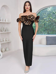 Black Off-Shoulder Leopard Ruffle Gown