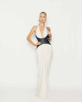 White Halter Deep V Denim Corset Draped Maxi Gown