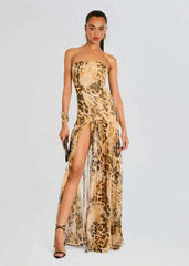 Leopard Print Strapless Sheer Maxi Gown