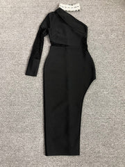 Black One-Shoulder Lace Midi Dress