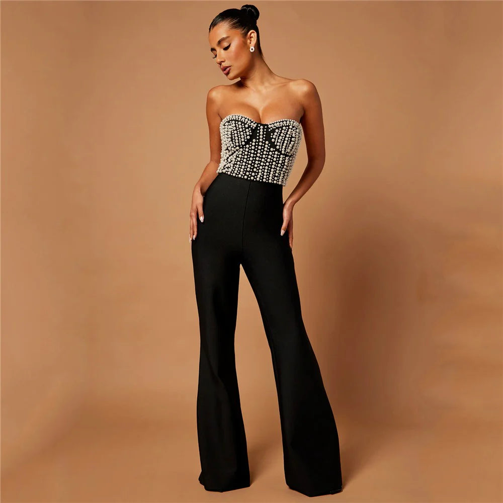 Black Pearl-Embellished Strapless Bustier & Flared Wide-Leg Pants Set