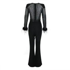 Black Lace Sequin Jumpsuit with Feather Cuffs & Wide-Leg Pants