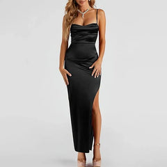 Satin slip dress with open back and side slit
