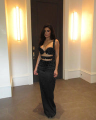 Luxury Black Satin Beaded Bustier Cutout Evening Gown Set