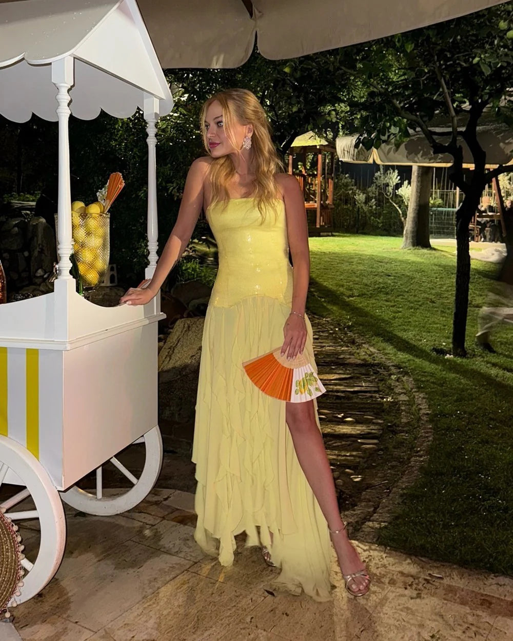 Lemon Drop Strapless Sequin Ruffle Gown