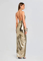 Metallic Champagne Gold Halter Backless Twist-Ruched Mermaid Gown