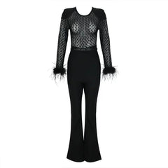 Black Lace Sequin Jumpsuit with Feather Cuffs & Wide-Leg Pants