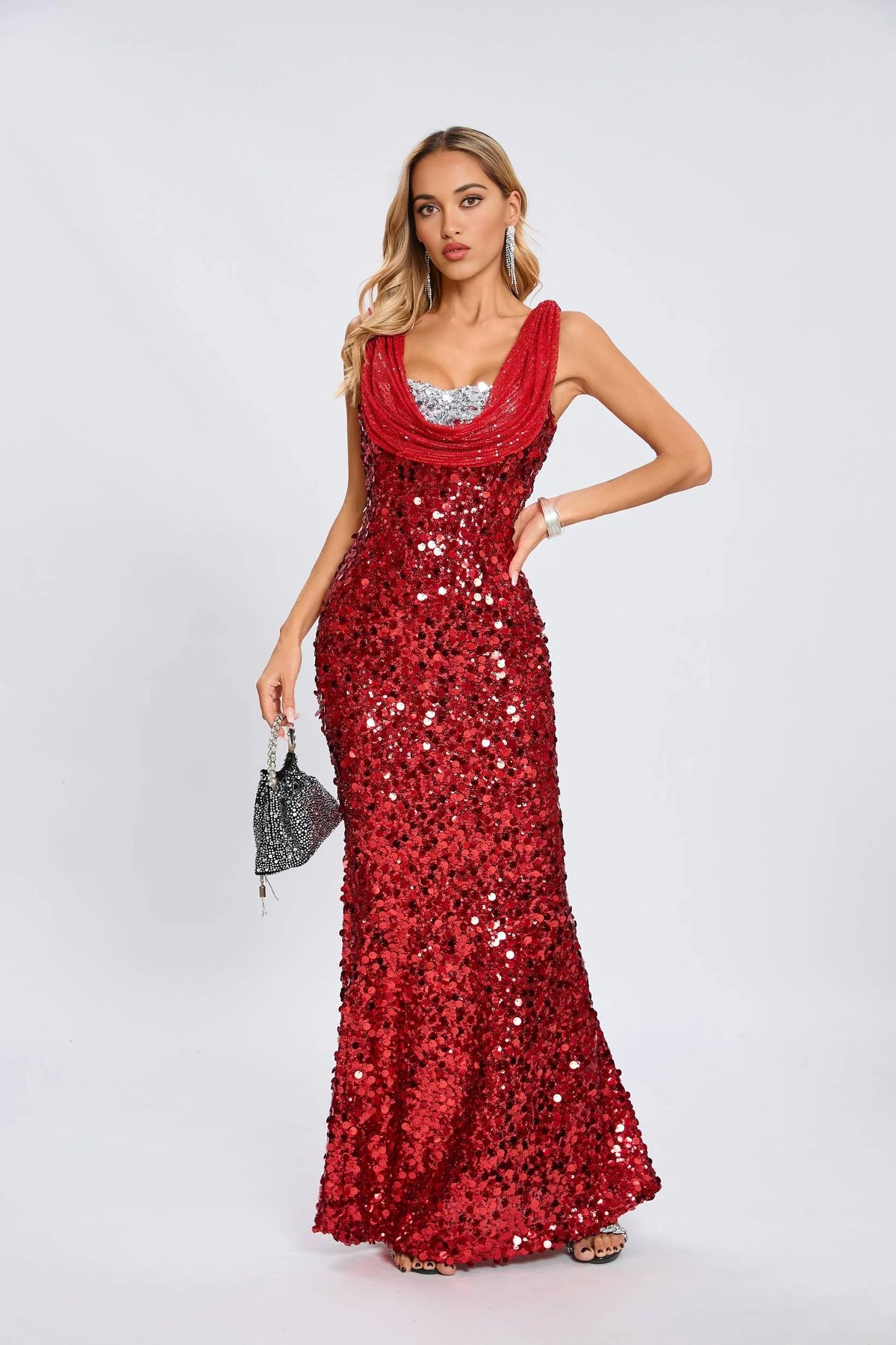 Crimson Sequin Cowl-Neck Gown