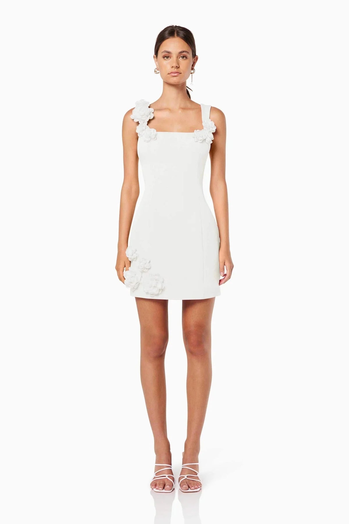 White 3D floral square-neck mini dress