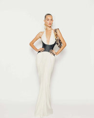 White Halter Deep V Denim Corset Draped Maxi Gown