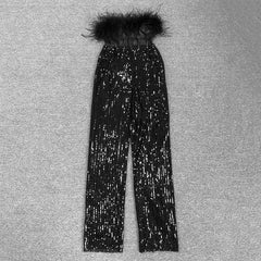 Black Feather-Trimmed Corset Top & Sequin Wide-Leg Pants Set with Crystal Belt
