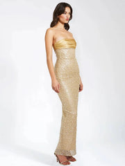 Glam Gold Sequin Strapless Gown: Slit Maxi Dress for Red Carpet & Gala