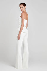 White Textured Rose Strapless Peplum Top & Wide-Leg Pants Set