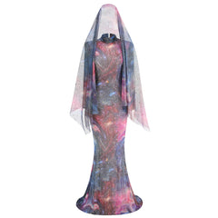 Cosmic Print Long-Sleeve Gown with Tulle Veil