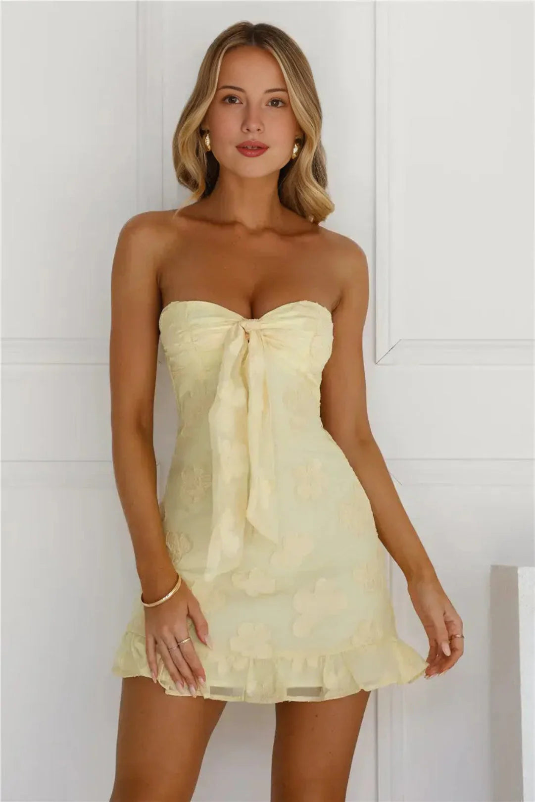 Strapless, floral print, resort-style mini dress