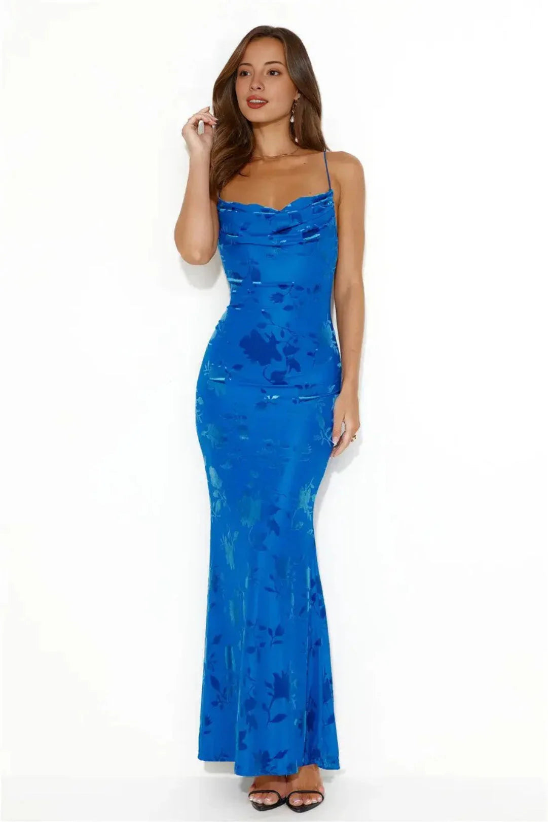 Printed spaghetti strap floor-length dress