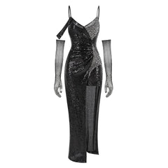 Black Sequin Cold-Shoulder Gown with Fishnet Gloves