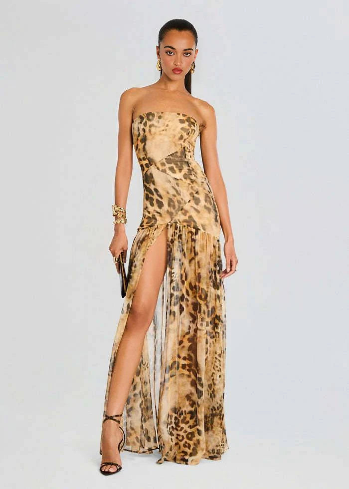 Leopard Print Strapless Sheer Maxi Gown